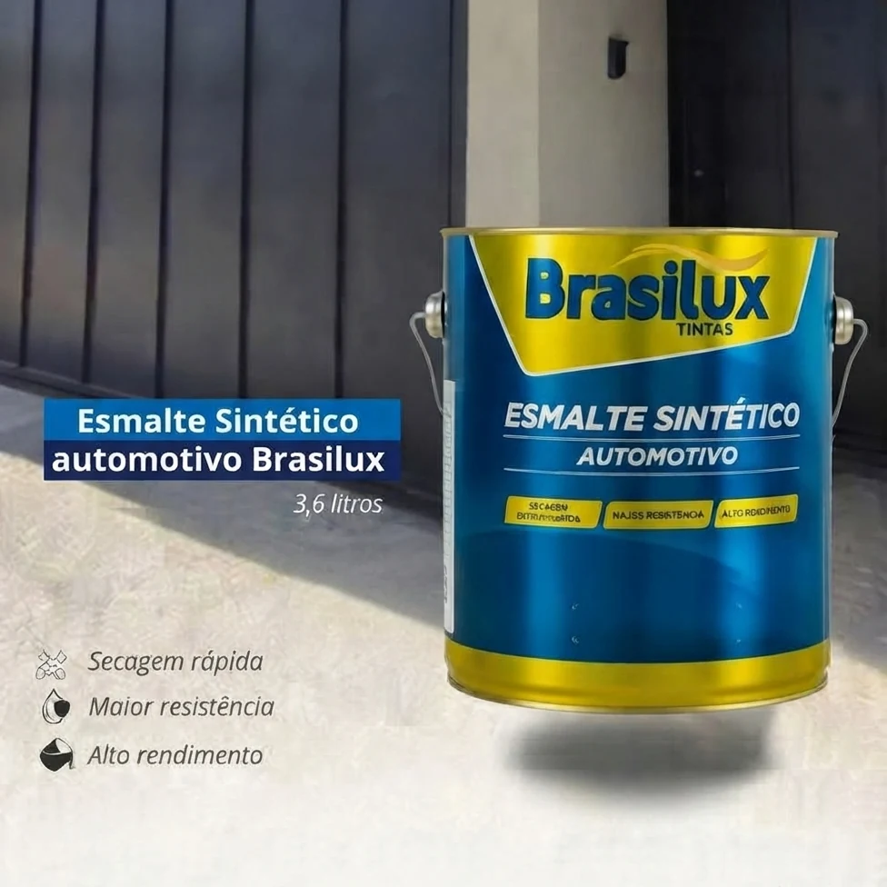 Lata de Esmalte Sintético Automotivo Brasilux 3,6 litros em frente a um portão escuro