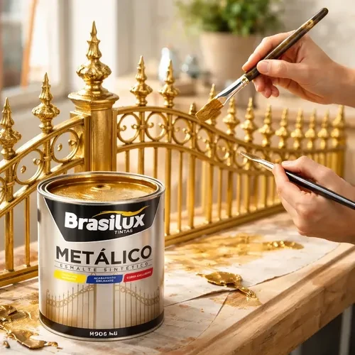Esmalte sintético Metálico Brasilux sendo aplicado em um portão dourado