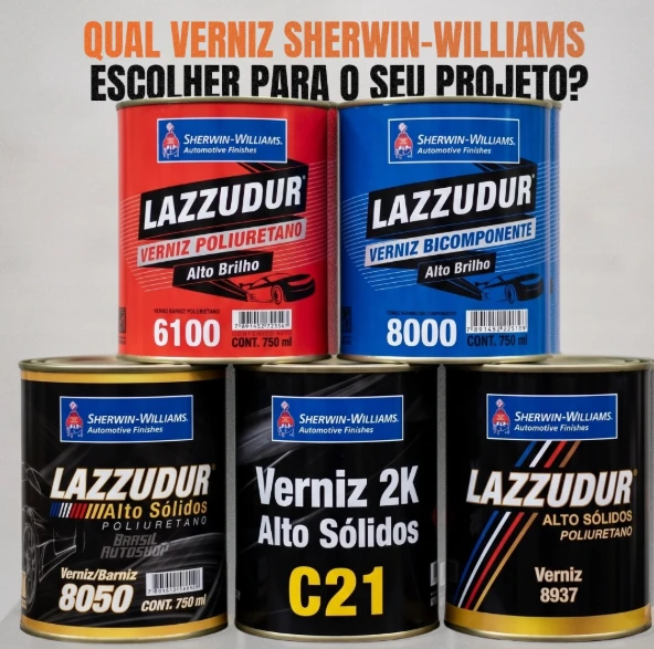 Vernizes Lazzudur Sherwin-Williams: poliuretano 6100, bicomponente 8000, 8050, C21 e 8937