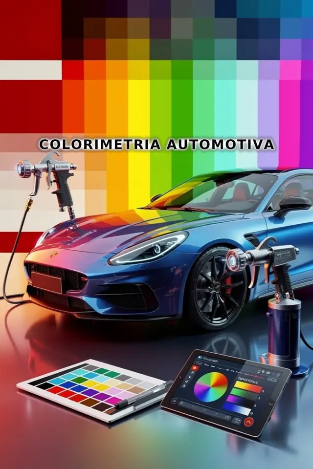 Carro azul ao lado de pistola de pintura e paleta de cores da colorimetria automotiva