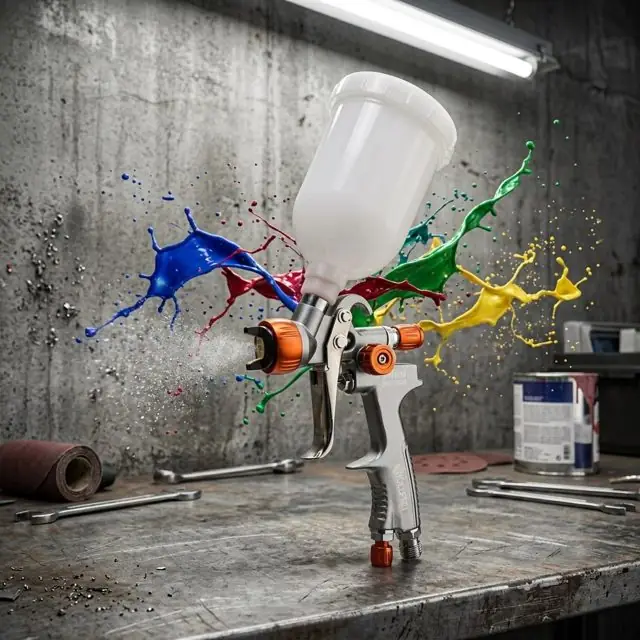 Pistola de pintura com respingos coloridos de tinta sobre uma bancada de oficina
