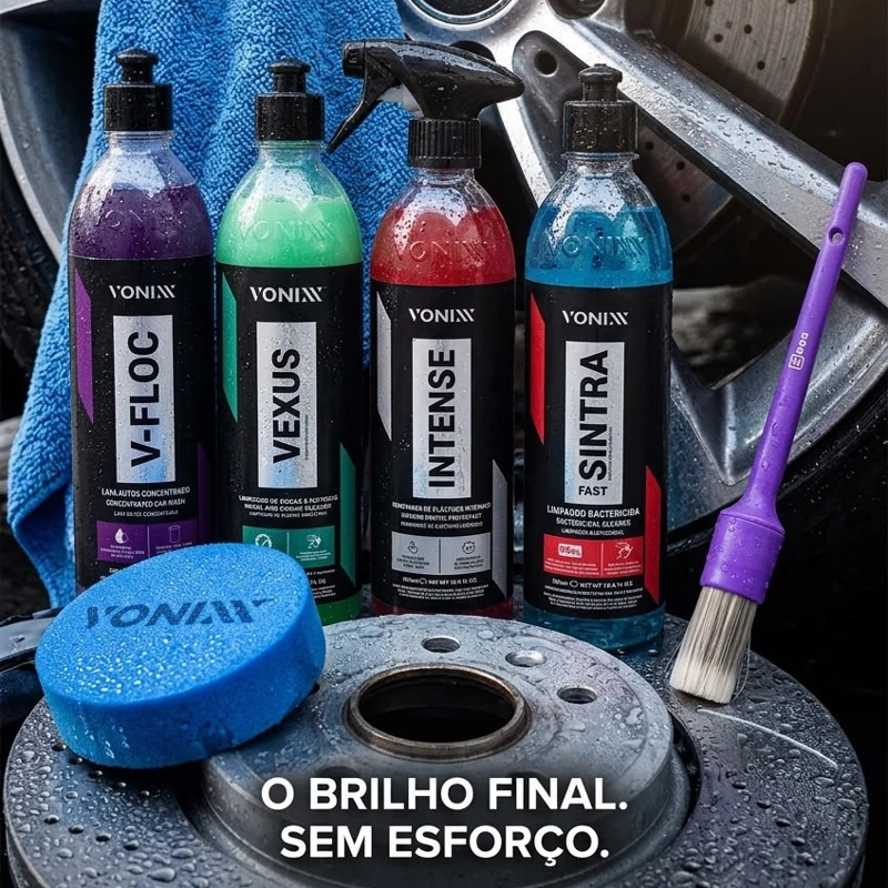 Linha Vonixx de limpeza: V-Floc, Vexus, Intense e Sintra Fast, com esponja e pincel de detalhamento