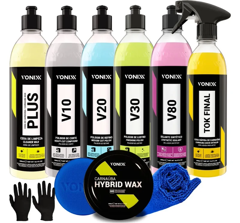 Linha Vonixx: cera Plus, polidores V10, V20 e V30, selante V80, Tok Final e Hybrid Wax