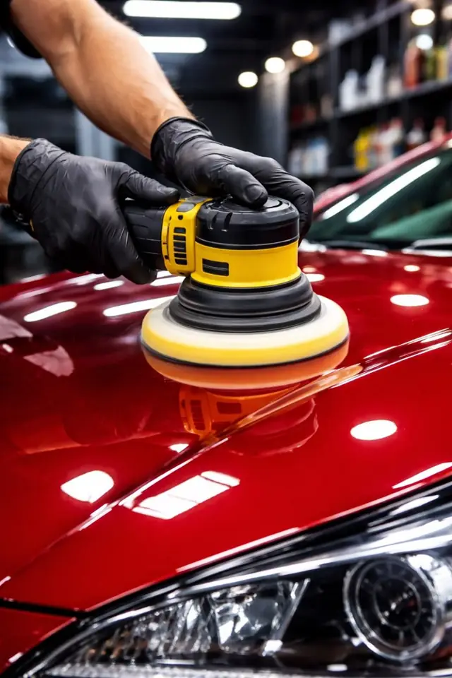 Profissional de luvas polindo o capô de um carro vermelho com politriz e boina amarela