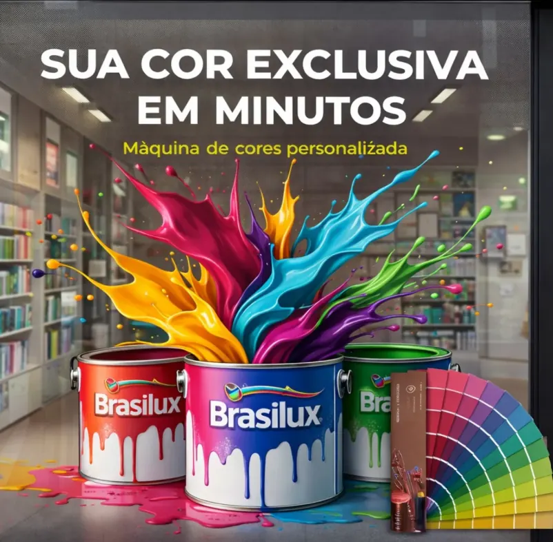 Latas de tinta Brasilux com respingos coloridos e leque de cores, máquina de cores personalizada