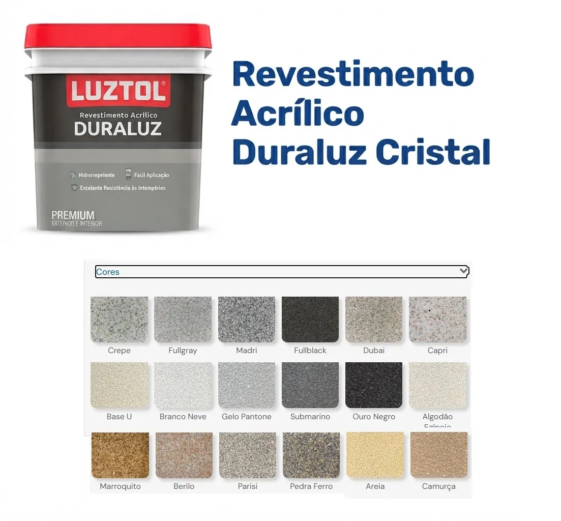 Revestimento acrílico Luztol Duraluz Cristal com cartela de cores de pedras naturais e tingidas
