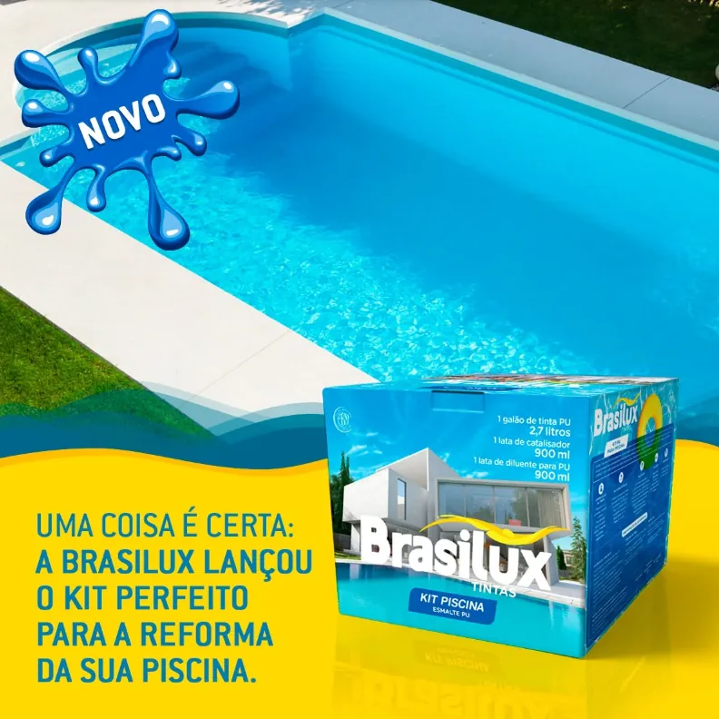 Kit Piscina Brasilux com esmalte PU, catalisador e diluente, ao lado de uma piscina