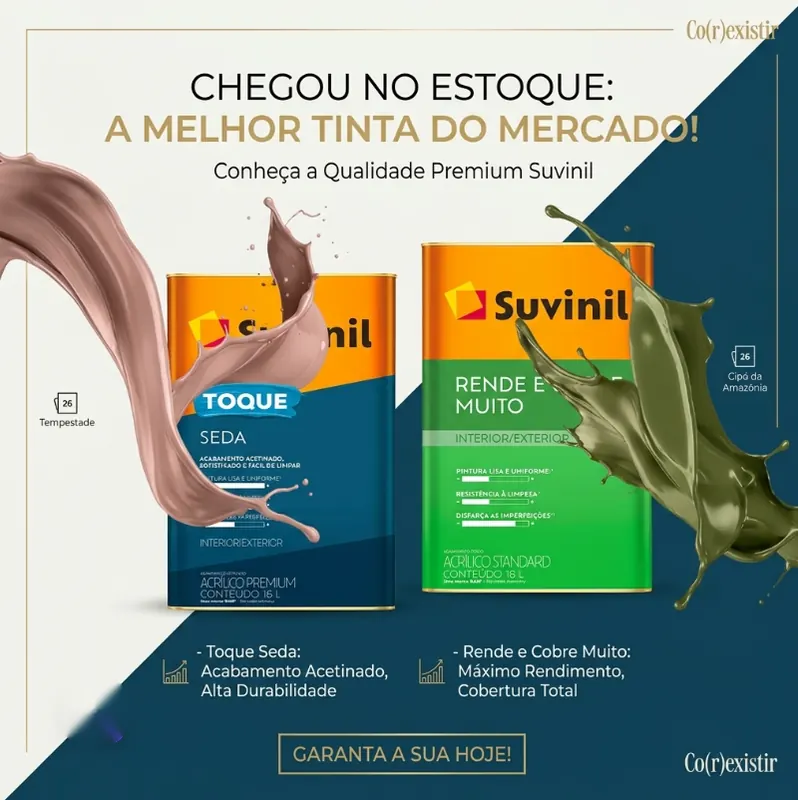 Latas de tinta Suvinil Toque Seda e Rende e Cobre Muito com respingos de tinta