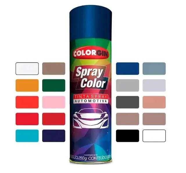 Lata de tinta spray automotiva ao lado de cartela com diferentes cores